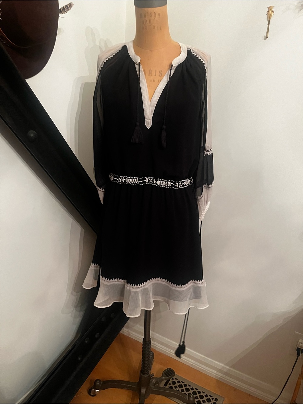Juicy Couture Black and White Long-Sleeve Tassel Peasant Dress